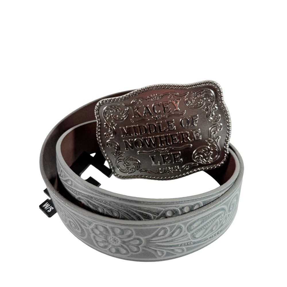 Kacey Lee Middle of Nowhere Blue Western Floral Tooled Leather Belt Womens S/M
